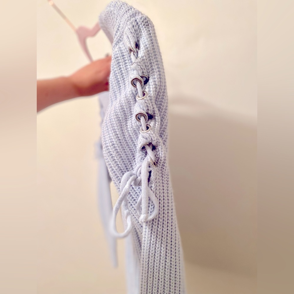 Beloved Woman powder blue lace-up sleeve sweater • medium